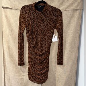 Dry Goods Black & Brown Patterned Long Sleeve Dress with Ruched sides Size S